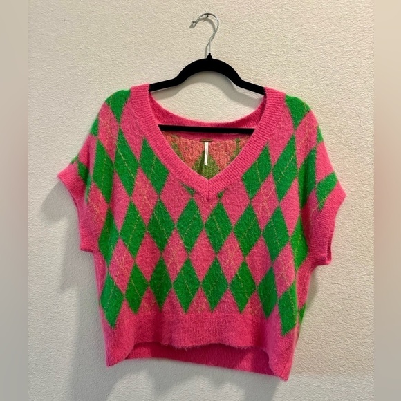 Free People Tops - Free People Through The Motions Argyle Sweater Vest, pink + green, size S